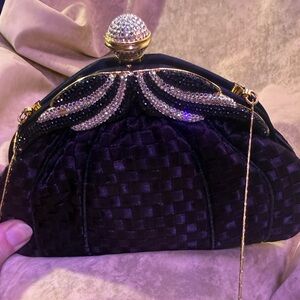 Finesse La Model Black Woven Evening Clutch with Bejeweled Crystal Accent